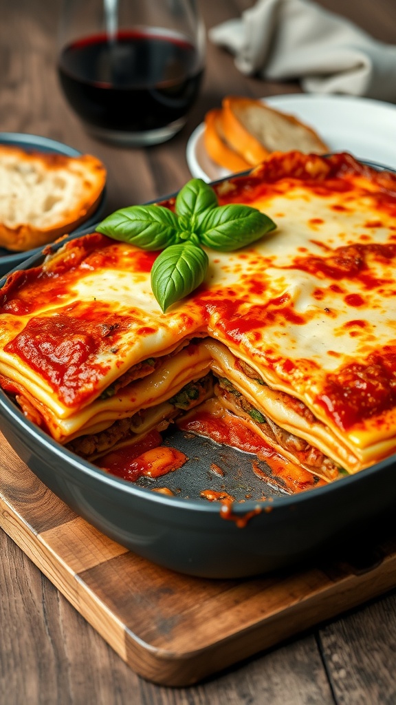 A baked lasagna dish with golden cheese, layered pasta, and meat sauce, garnished with basil, on a wooden table with garlic bread.